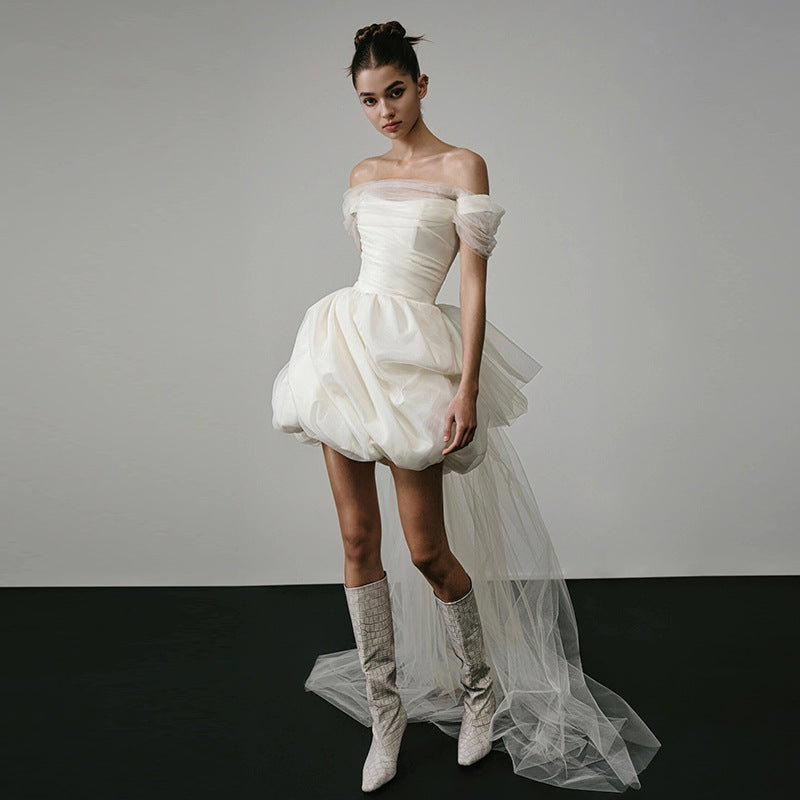 Off-shoulder Light Wedding Dress White Short - kinko