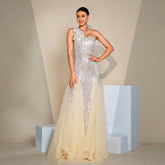One-shoulder Diagonal Collar Slim-fit Sheath Sequined Slit Evening Dress - kinko