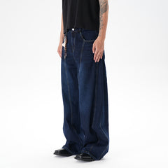 Washed Distressed Dark Blue Wide Leg Machete Jeans - kinko