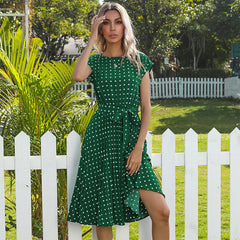 Summer Women Polka Dot Short Sleeve Dress Casual Bandage Party Pleated Midi Dresses Elegant Green Office Lady Clothing - kinko