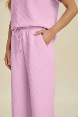 Double Take Full Size Texture Round Neck Short Sleeve Top and Pants Set - kinko