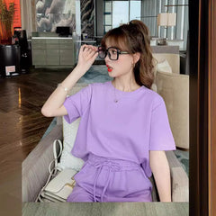 Korean Sweet Girl Sports Loose Slimming And Short T-shirt Ankle-length Pants Two-piece Set - kinko