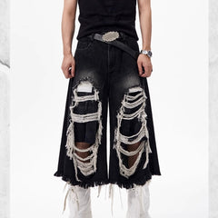 Cropped Make Old Ripped Patch Middle Pants - kinko