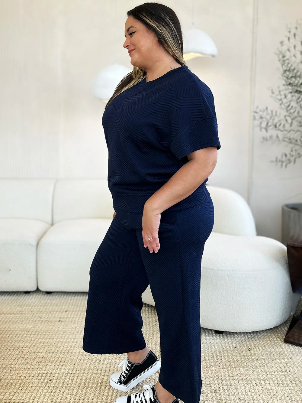 Double Take Full Size Texture Short Sleeve Top and Pants Set - kinko