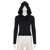 Sexy Little Devil Zipper Hooded Sweater Women Street Solid Color Slim Fit All Match Jacket