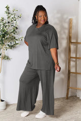 Double Take Full Size Round Neck Slit Top and Pants Set - kinko