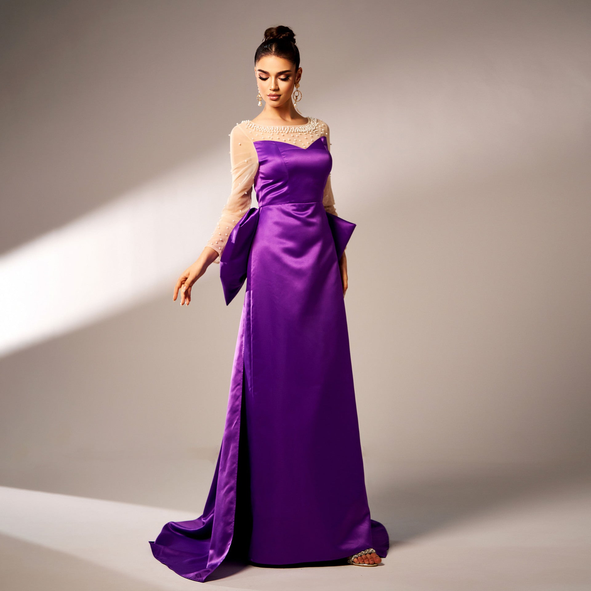 Long Sleeve Round Neck Party Beaded Big Bow Evening Dress - kinko