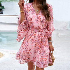 Summer Floral Print Short Sleeves Dress Lace Up Ruffles Design Fashion V-neck Short Dresses Womens Clothing - kinko