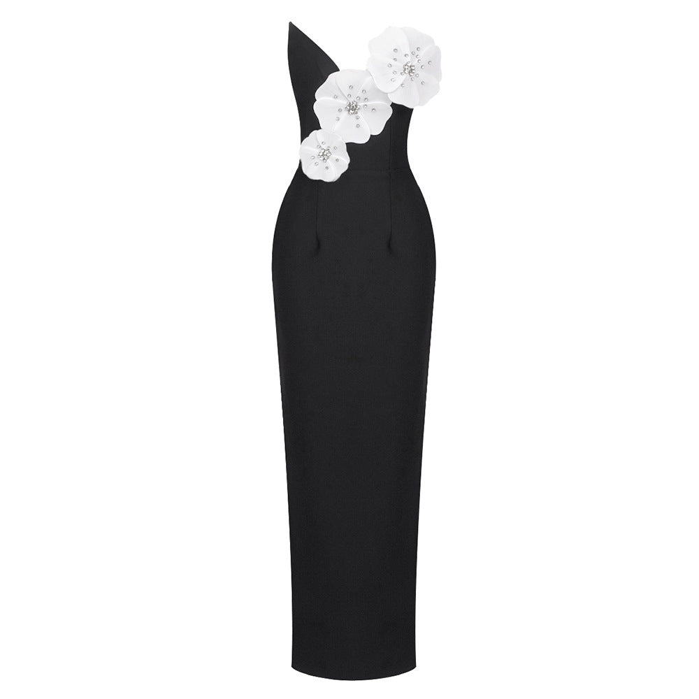 Black Backless Bandage Chest White Exquisite Flower Decorative Dress For Women Dress - kinko