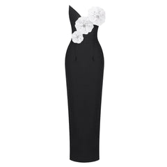 Black Backless Bandage Chest White Exquisite Flower Decorative Dress For Women Dress - kinko
