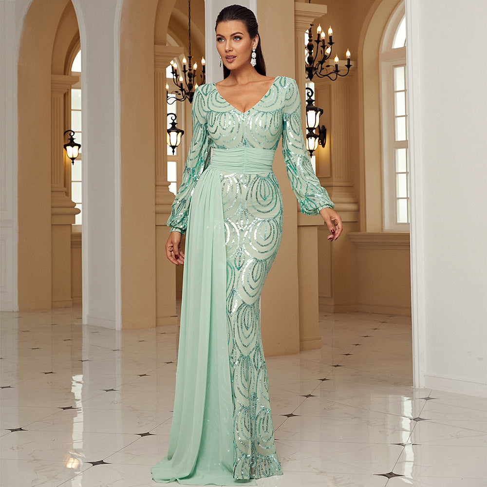 Long Sleeve Sexy Long Sequined V-neck Banquet Ribbon Evening Dress - kinko