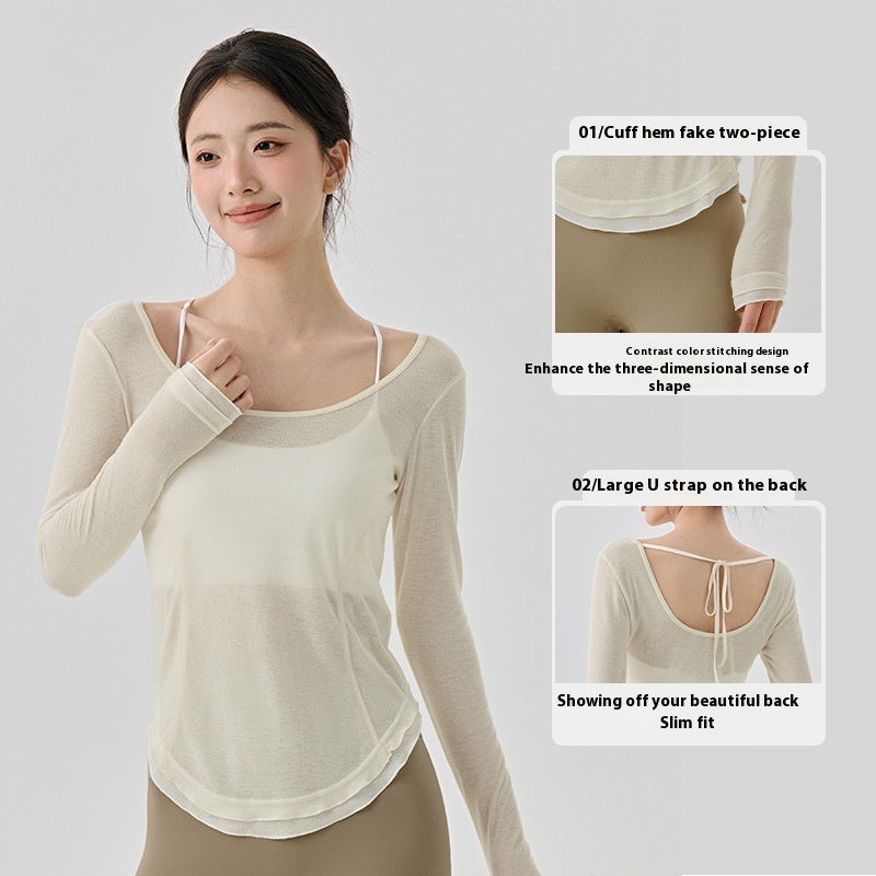 Loose Casual High-grade Yoga Clothes Blouse Hem Contrast Color Light Breathable Sexy Backless - kinko