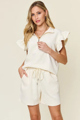 Double Take Full Size Texture Flounce Sleeve Top and Drawstring Shorts Set - kinko