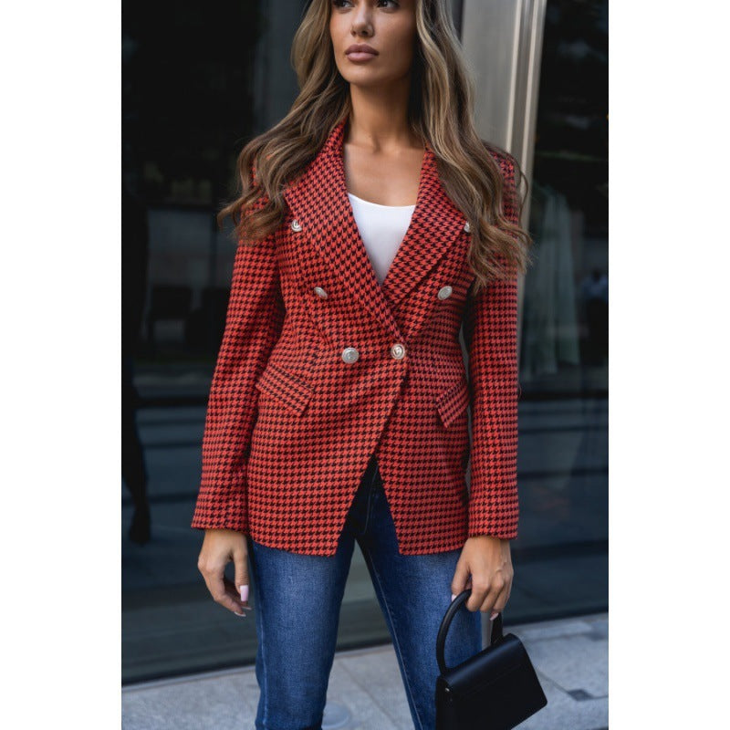 Women's Houndstooth Blazer Pocket Coat - kinko