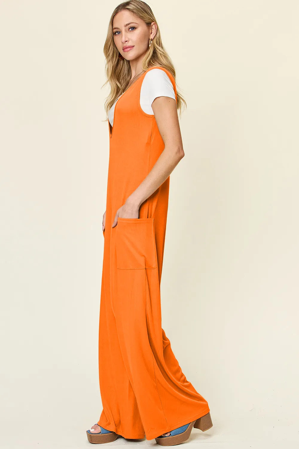 Double Take Full Size Sleeveless Wide Leg Jumpsuit with Pockets - kinko