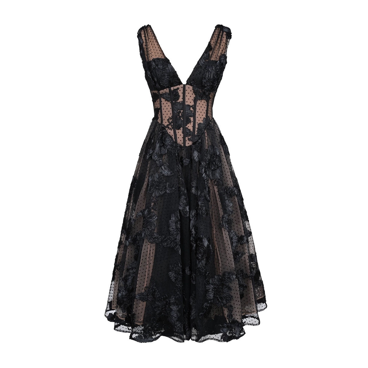 Black Deep V-neck Mesh A- Line High-end Evening Dress - kinko