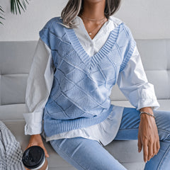Women's V-neck Hollow Rhombus Casual Knitted Sweater Vest - kinko