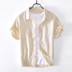 Casual Cotton And Linen Short Sleeve Shirt Men - kinko