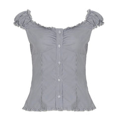 Sweet Slim Fit U-shaped French Wooden Ear Lace-collared Blouse - kinko