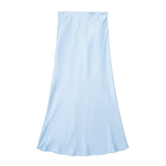 Solid Color Slim Silk Satin Texture Midi Skirt - kinko