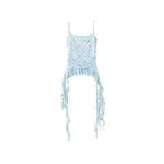 Blue Suit Mesh Stretch Slim Strap Top Lace Cake Dress - kinko
