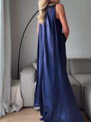 Royal Blue Satin Sleeveless Maxi Dress - kinko