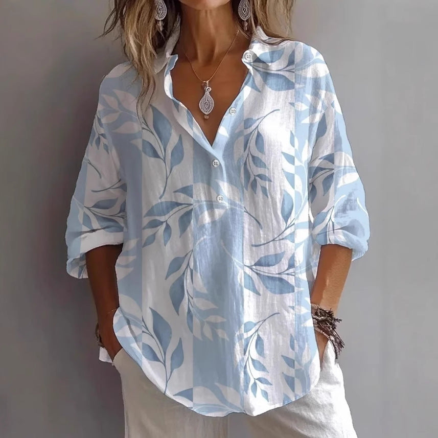 Fashion Printing Lapel Long Sleeve Shirt Top - kinko