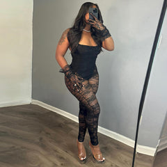 Sexy Women Clothing Sling Style Stitching Sheer Cutout High Elasticity Jumpsuit - kinko