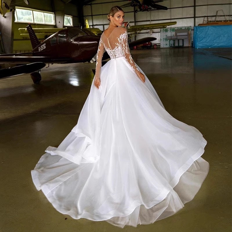 Embroidered Long Sleeve Off-the-shoulder Wedding Dress - kinko