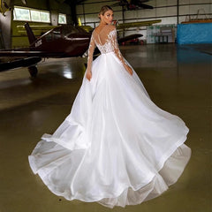 Embroidered Long Sleeve Off-the-shoulder Wedding Dress - kinko