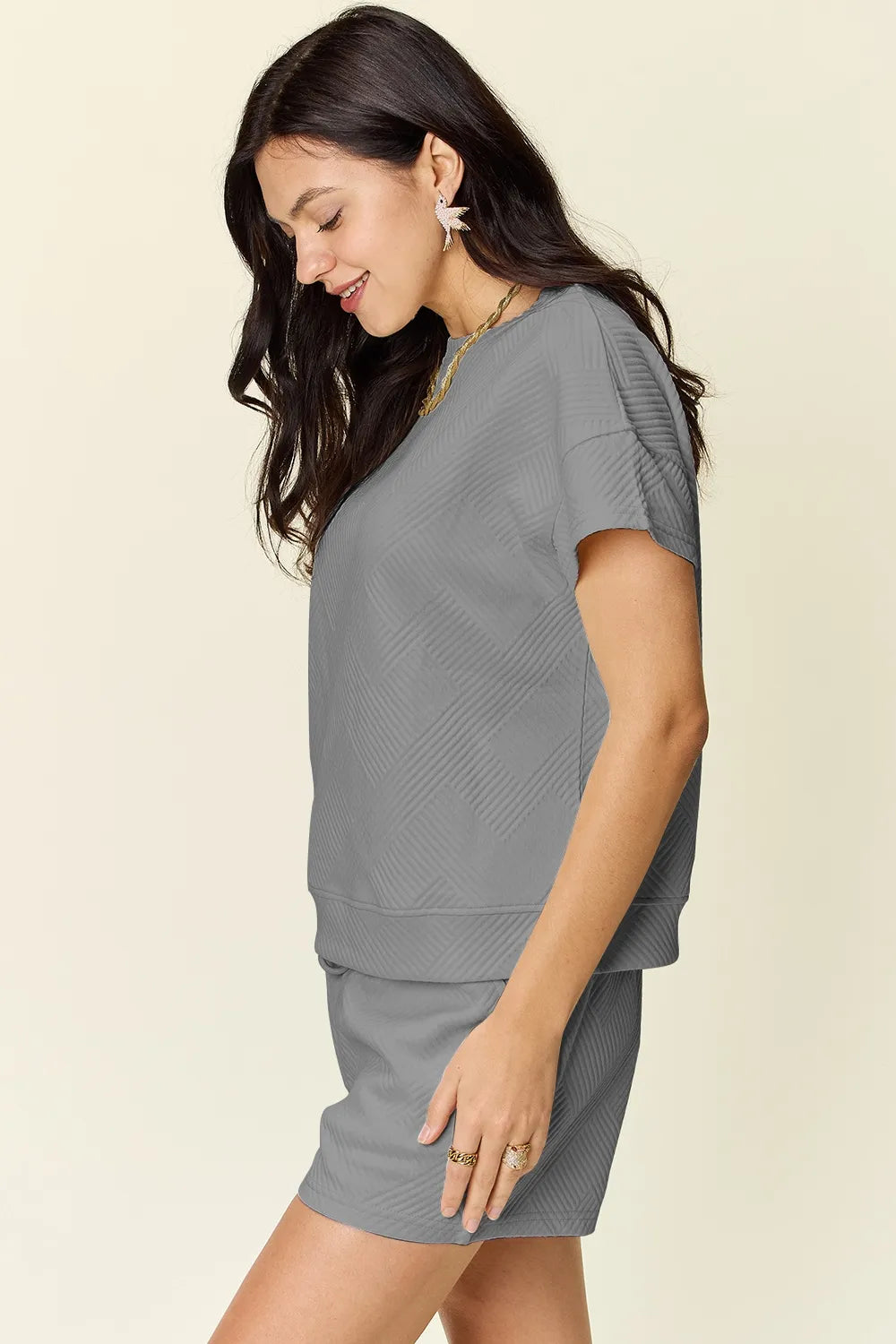 Double Take Full Size Texture Short Sleeve T-Shirt and Drawstring Shorts Set - kinko