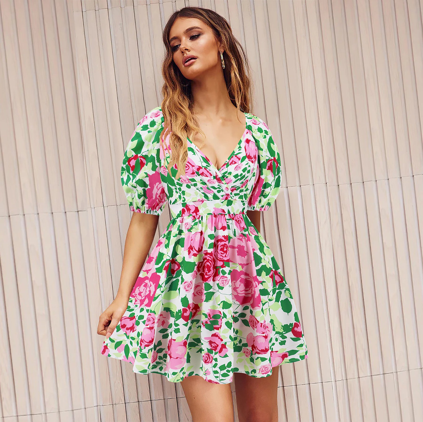 Flowers Print V-Neck Lantern-sleeve Dress Y2K Summer Vacation Beach Short Dresses Fashion Womens Clothing - kinko