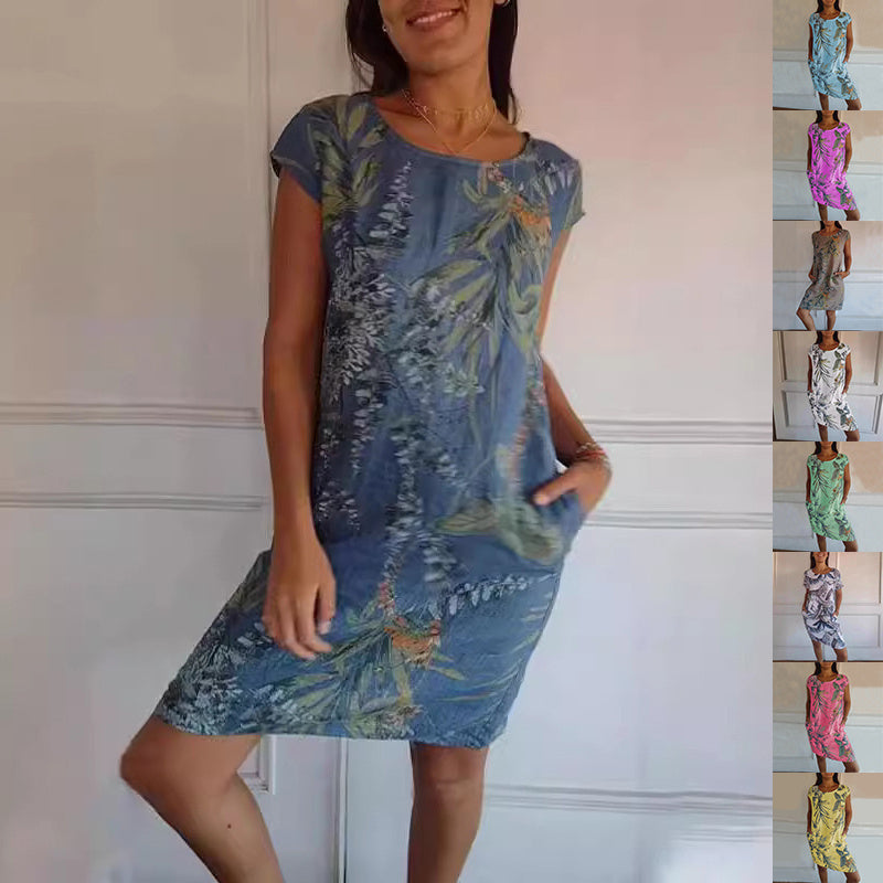 Flower And Leaf Printed Straight Dress Summer Loose Round Neck Short Sleeve Dresses Womens Clothing - kinko