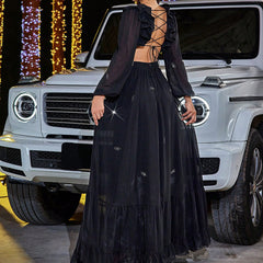 Elegant Chiffon Stitching Midriff Outfit Large Swing Banquet Dress - kinko