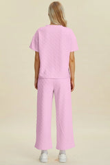 Double Take Full Size Texture Round Neck Short Sleeve Top and Pants Set - kinko