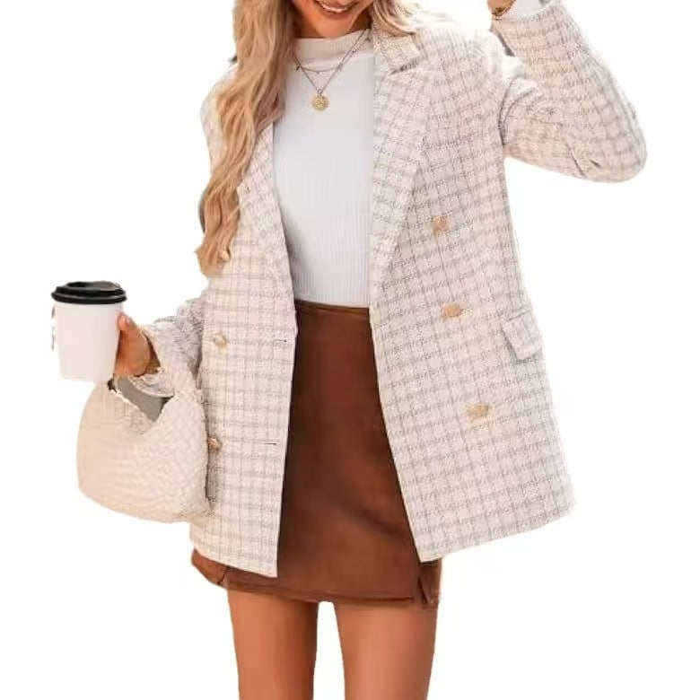 Women's Polyester Tweed Blazer With Fashion Casual Top Pockets - kinko