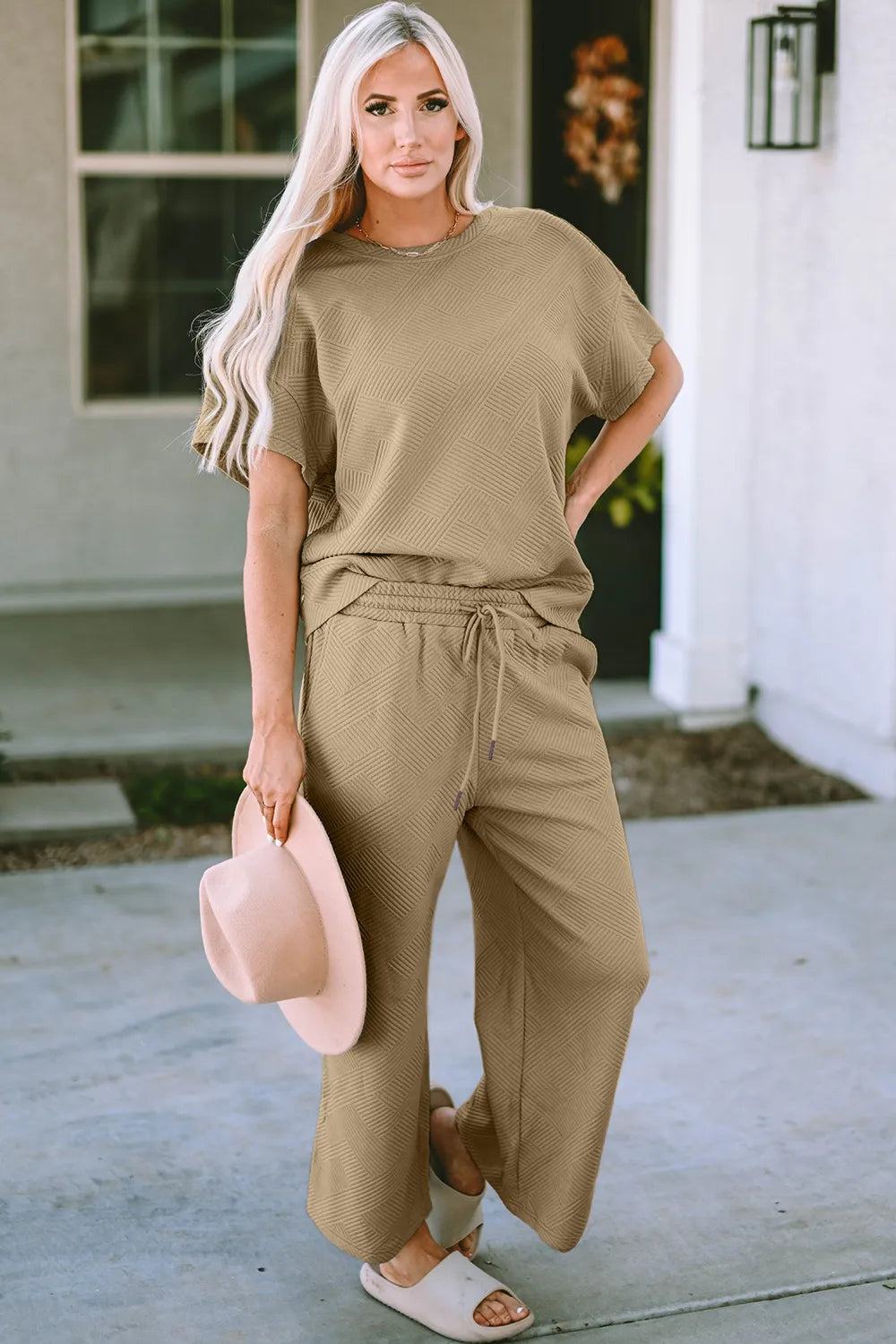 Double Take Full Size Texture Short Sleeve Top and Pants Set - kinko