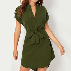 V-neck Short Sleeve Dress With Belt Summer Fashion Bowknot Dresses For Women Clothing - kinko