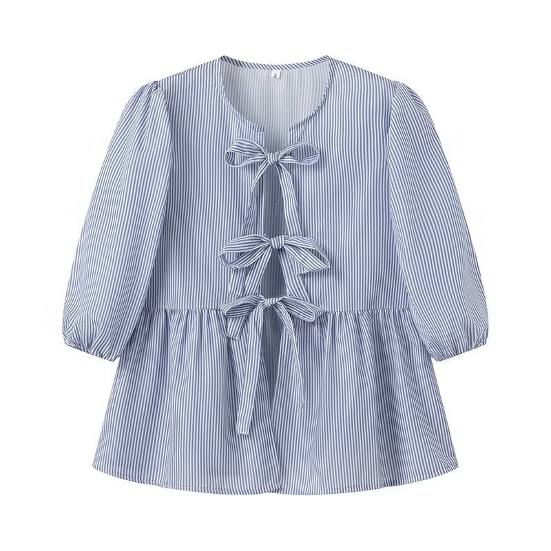 Vertical Striped Bow Lace-up Shirt Loose Round Neck Half Sleeve Shirt - kinko