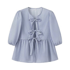 Vertical Striped Bow Lace-up Shirt Loose Round Neck Half Sleeve Shirt - kinko