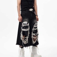 Cropped Make Old Ripped Patch Middle Pants - kinko