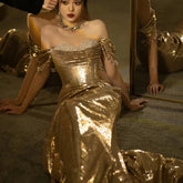 Gold Evening Dress Women's High-grade Sequined Off-shoulder Tube Top Toast Dress Bridal Fishtail Dress - kinko