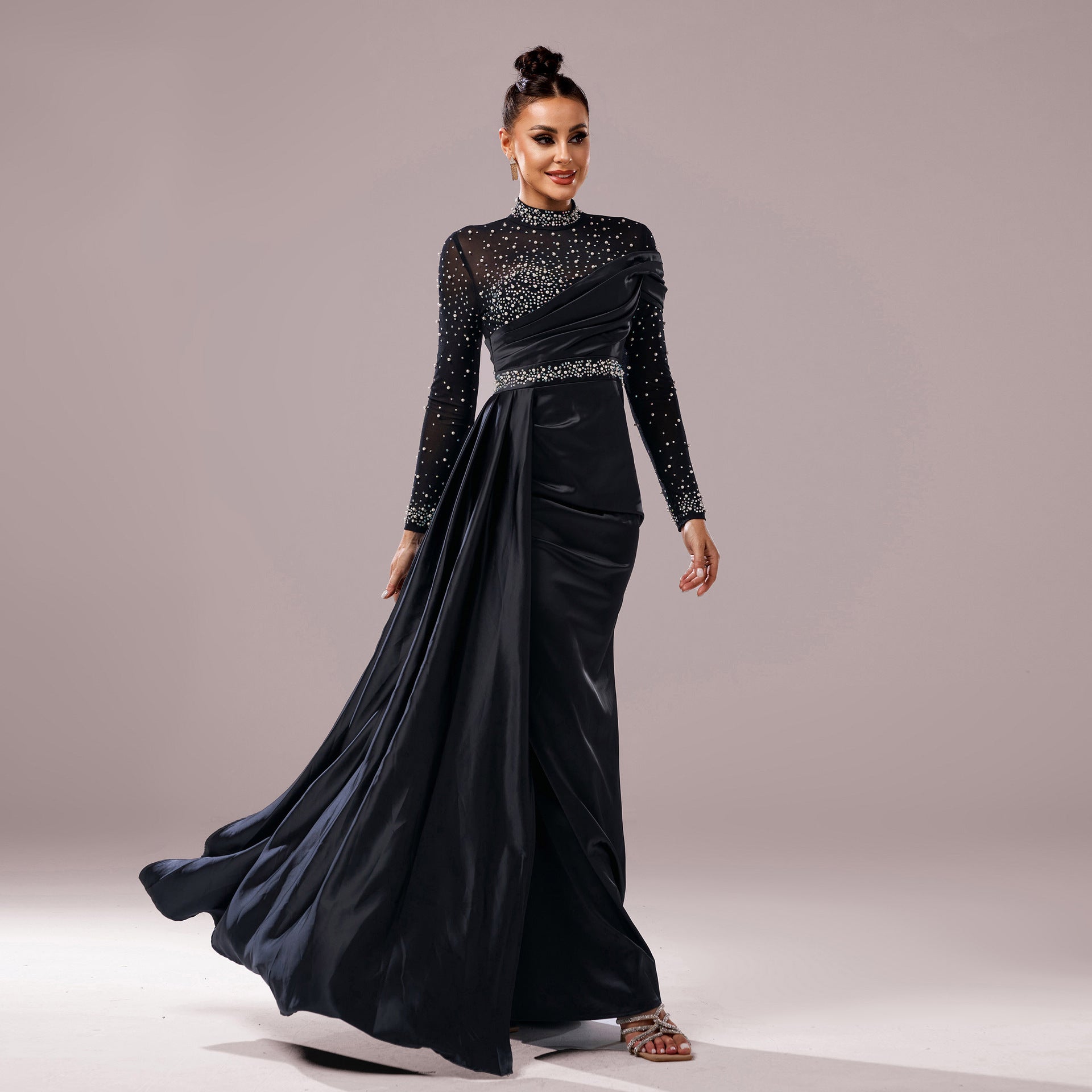 Long Sleeve Slim-fit Sheath Pearl Banquet Fishtail Evening Dress - kinko