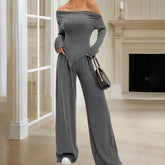 Women's Solid Color Off-Shoulder Long Sleeve Top & Pants Set - Elegant Asymmetrical Hem & Ruffes Cuff Casual Outfit - kinko