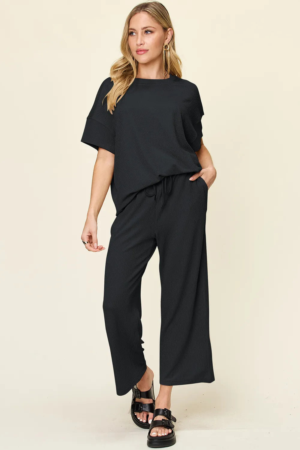 Double Take Full Size Texture Round Neck Short Sleeve T-Shirt and Wide Leg Pants - kinko