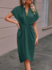 Summer Batwing Sleeve Dress Fashion V-neck Short Sleeve Pleated Dresses Womens Clothing - kinko