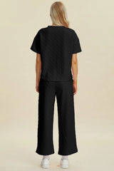 Double Take Full Size Texture Round Neck Short Sleeve Top and Pants Set - kinko