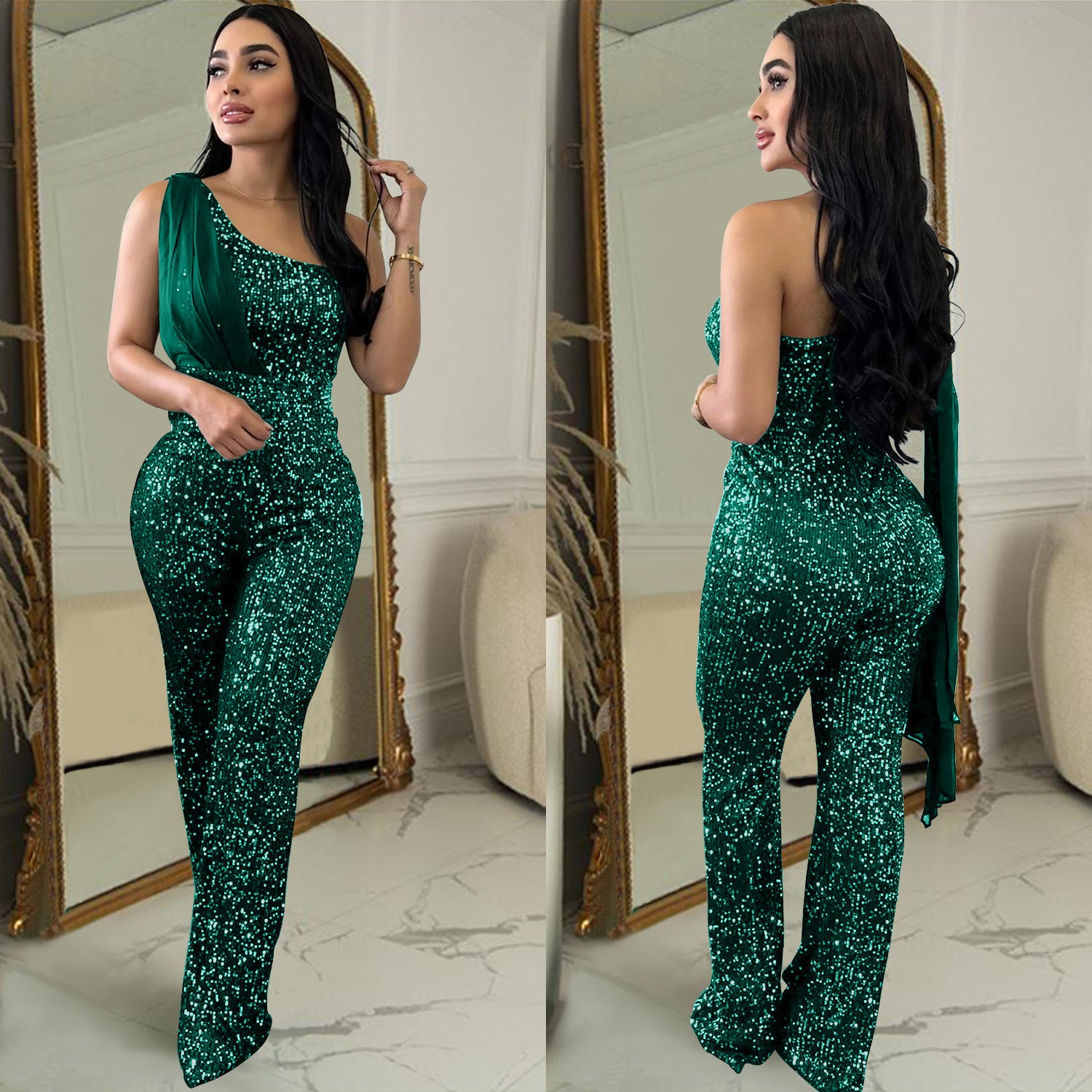 Women's Solid Color Sleeveless One-shoulder Sequined Trousers Jumpsuit - kinko