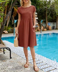 Summer Short-sleeved Dress With Pockets Fashion Solid Round Neck A-line Dresses For Women Clothing - kinko