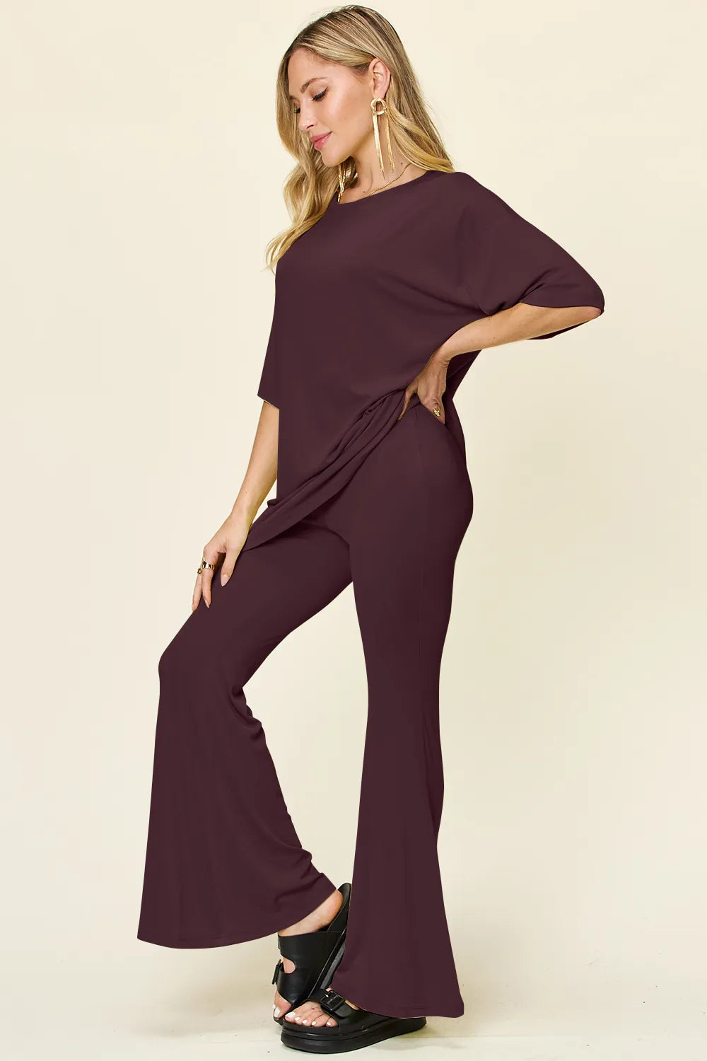 Double Take Full Size Round Neck Drop Shoulder T-Shirt and Flare Pants Set - kinko